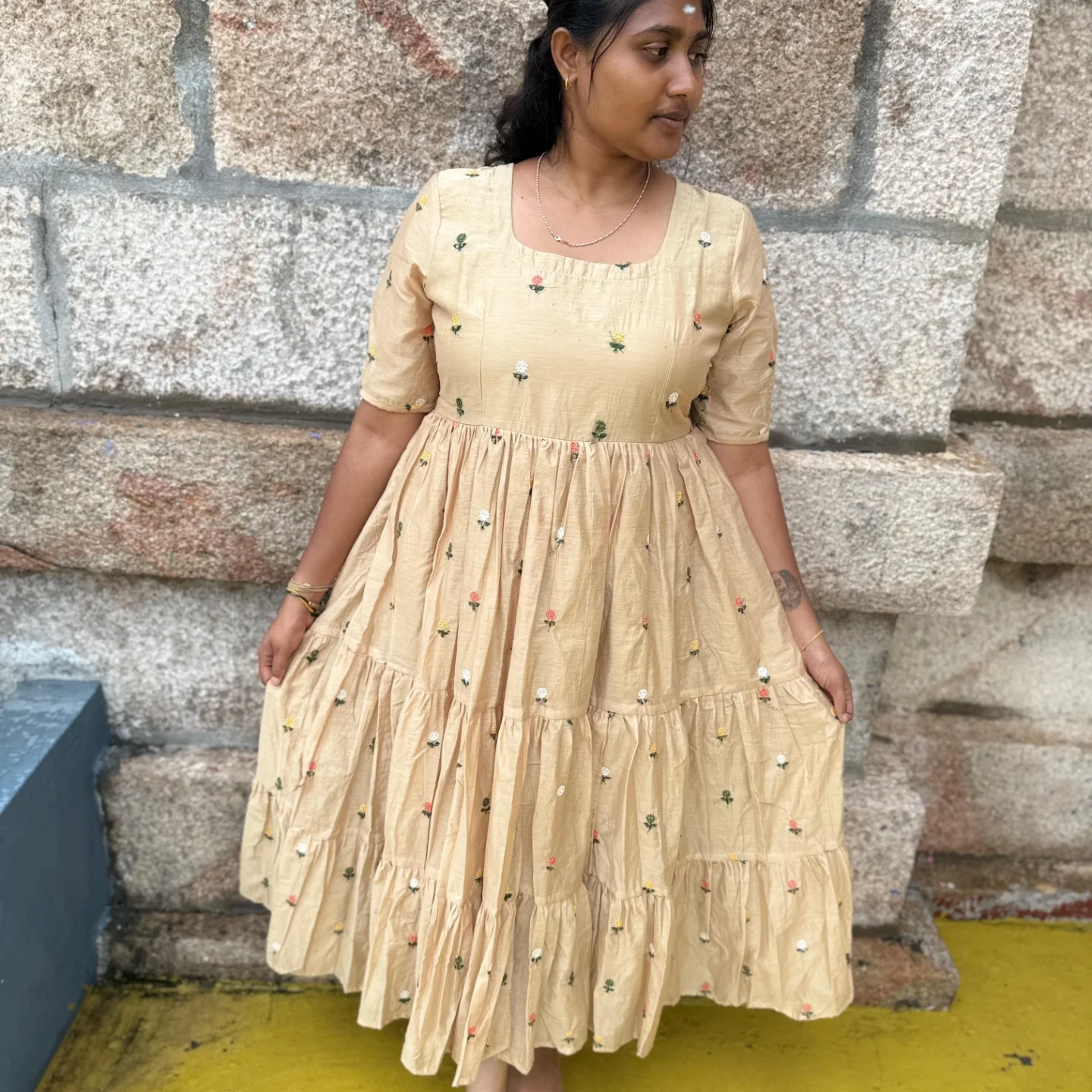 Warm Beige Floral Maxi Kurti